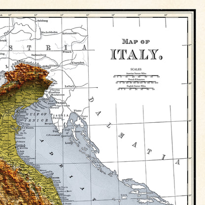 Italy Map - 1894 Vintage Italy Shaded Relief Map - 3D Illusion - Lombardy - Emilia - Rome - Corsica - Tuscany - Latium - Campania - Sardinia