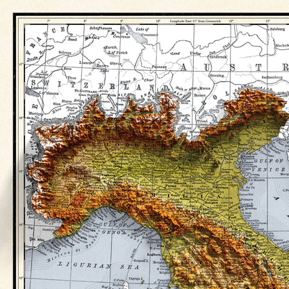 Italy Map - 1894 Vintage Italy Shaded Relief Map - 3D Illusion - Lombardy - Emilia - Rome - Corsica - Tuscany - Latium - Campania - Sardinia