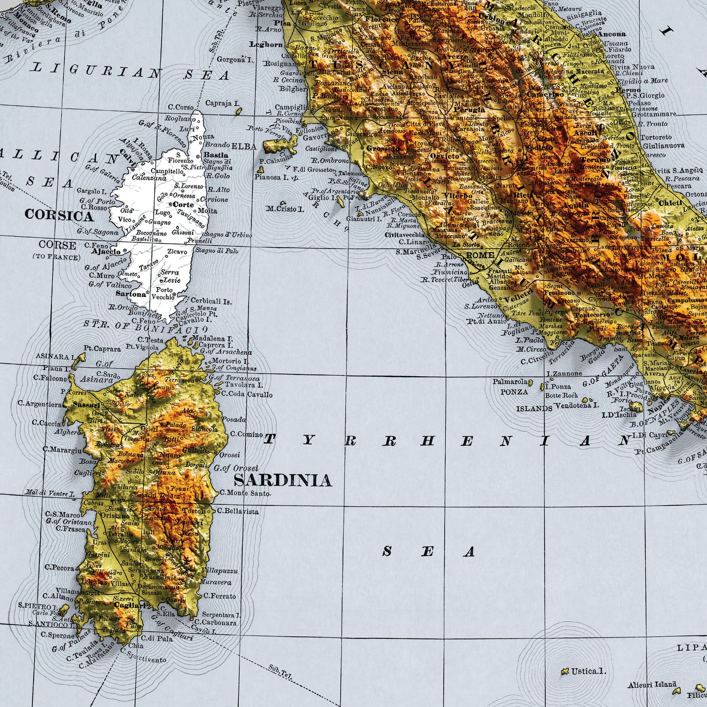 Italy Map - 1894 Vintage Italy Shaded Relief Map - 3D Illusion - Lombardy - Emilia - Rome - Corsica - Tuscany - Latium - Campania - Sardinia