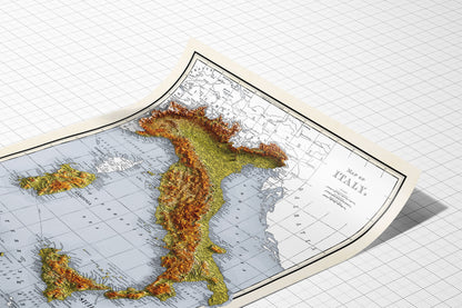 Italy Map - 1894 Vintage Italy Shaded Relief Map - 3D Illusion - Lombardy - Emilia - Rome - Corsica - Tuscany - Latium - Campania - Sardinia