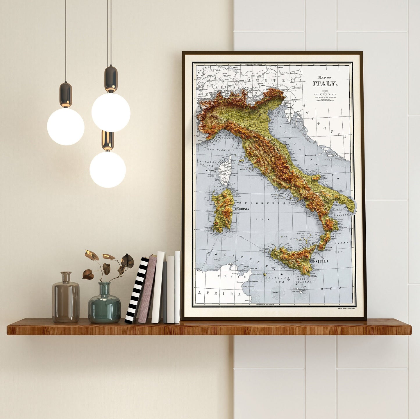 Italy Map - 1894 Vintage Italy Shaded Relief Map - 3D Illusion - Lombardy - Emilia - Rome - Corsica - Tuscany - Latium - Campania - Sardinia