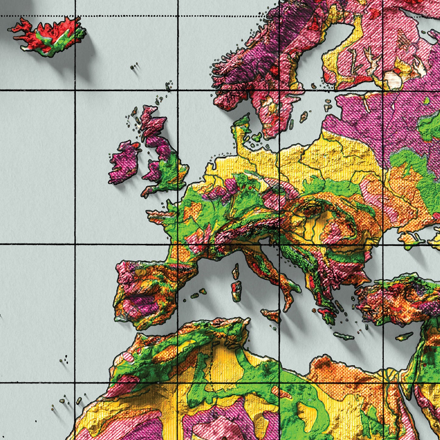 World Geology Map - 1944 Vintage Geological World Poster - Geological Survey 3D effect shaded relief Print - Reproduction Print