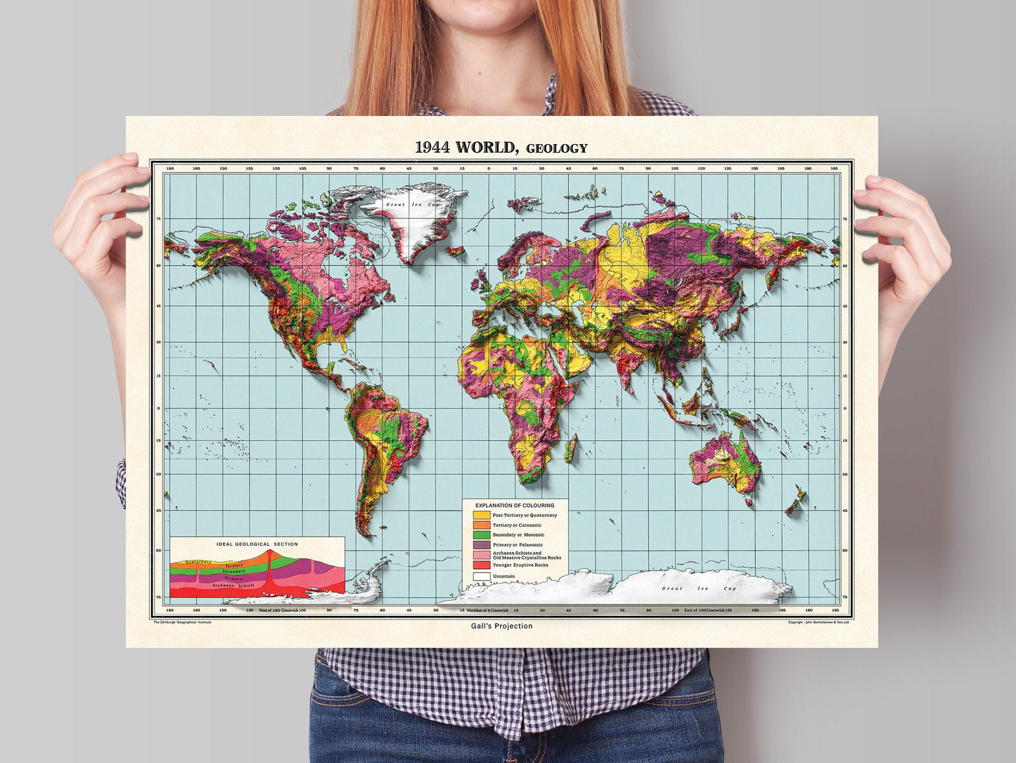 World Geology Map - 1944 Vintage Geological World Poster - Geological Survey 3D effect shaded relief Print - Reproduction Print