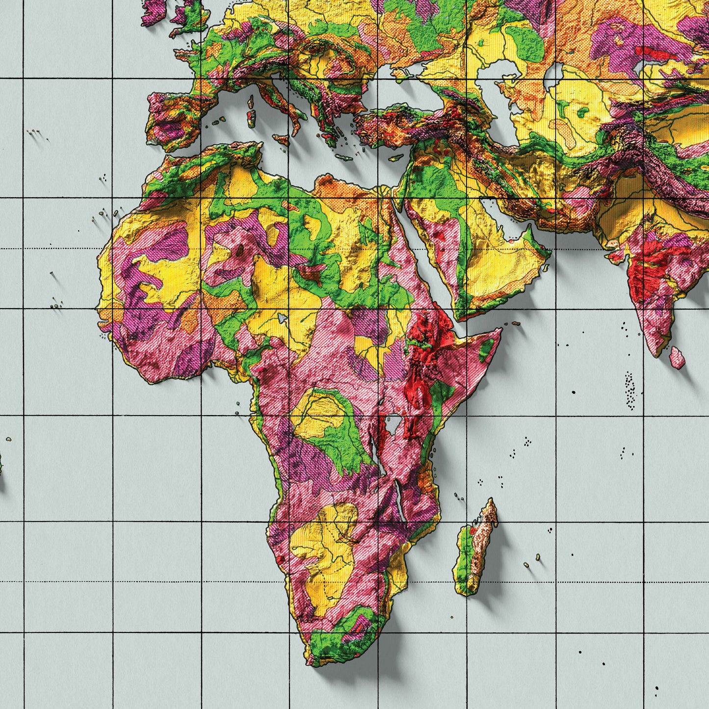 World Geology Map - 1944 Vintage Geological World Poster - Geological Survey 3D effect shaded relief Print - Reproduction Print