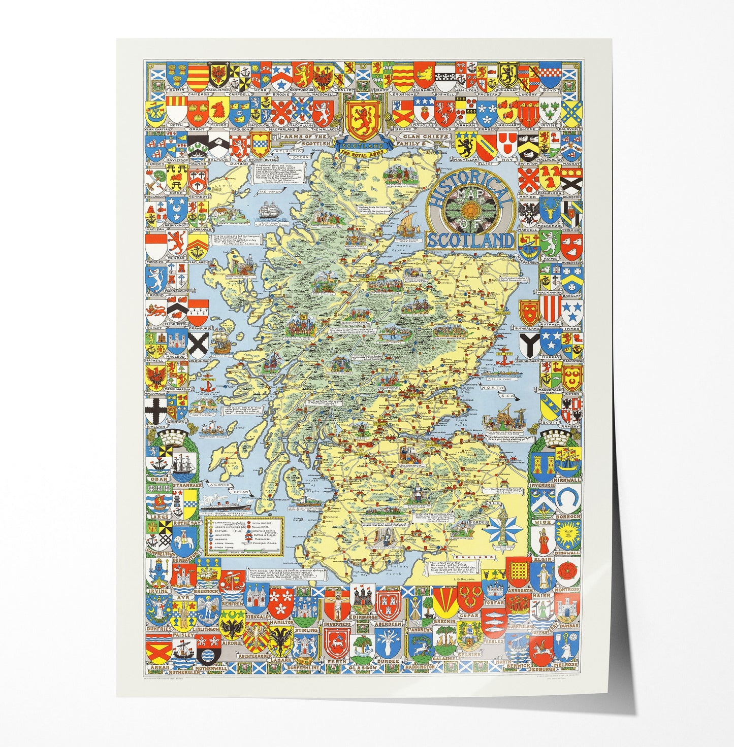 Historical Scotland Map, Pictorial Scottish Map, large map, fine art print, antique decor, oversize map print, Scottish gift