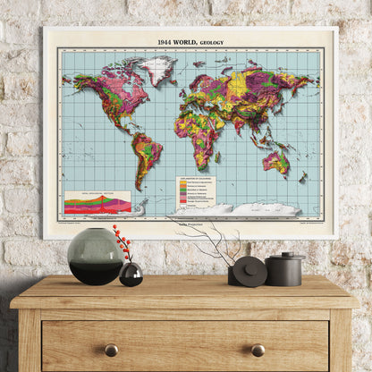 World Geology Map - 1944 Vintage Geological World Poster - Geological Survey 3D effect shaded relief Print - Reproduction Print