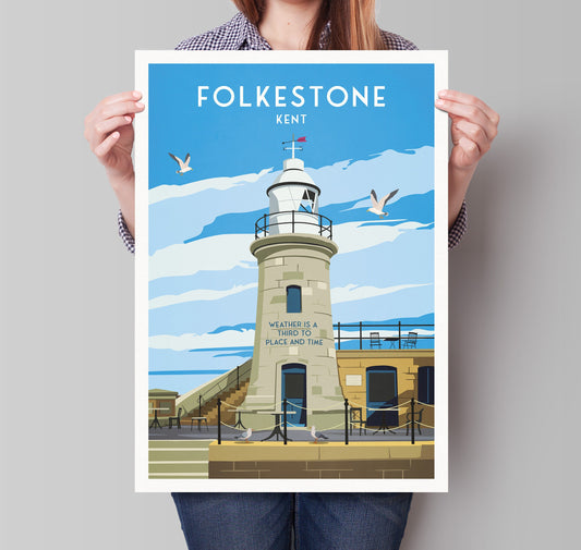 Folkestone Lighthouse Print - Kent Travel Poster - England - A3 - A2 - A1 - Wall Decor