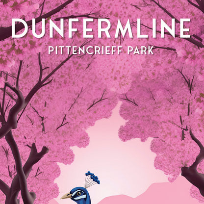 Dunfermline Pittencrieff Park - Peacock illustration Poster - Cherry Blossom Trees