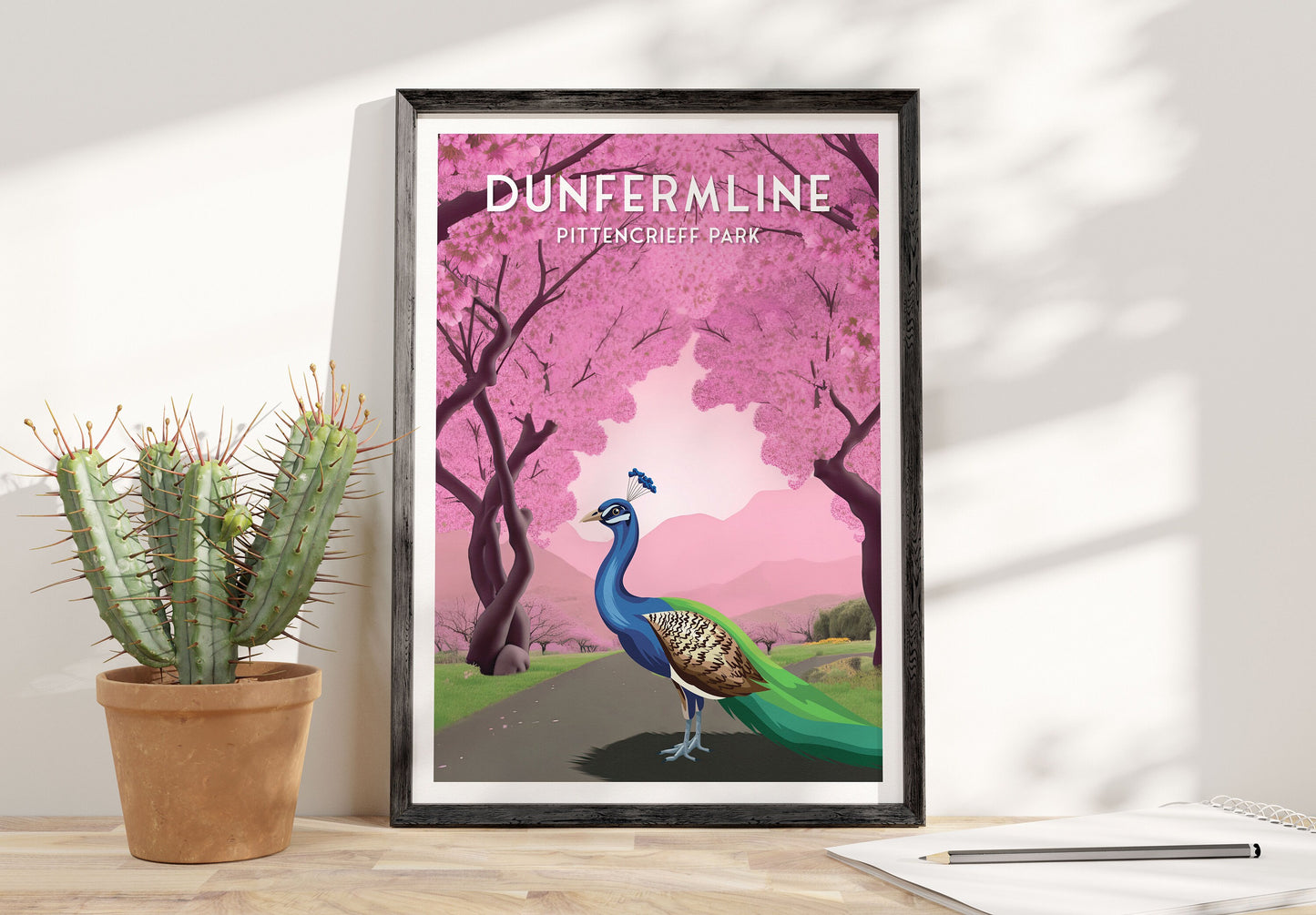 Dunfermline Pittencrieff Park - Peacock illustration Poster - Cherry Blossom Trees