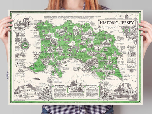 Historic Jersey | Old Vintage Antique Map | 1957 | Estra Clark | St Helier | St Clement | St Aubin | St Peter | St John | Trinity | Gorey