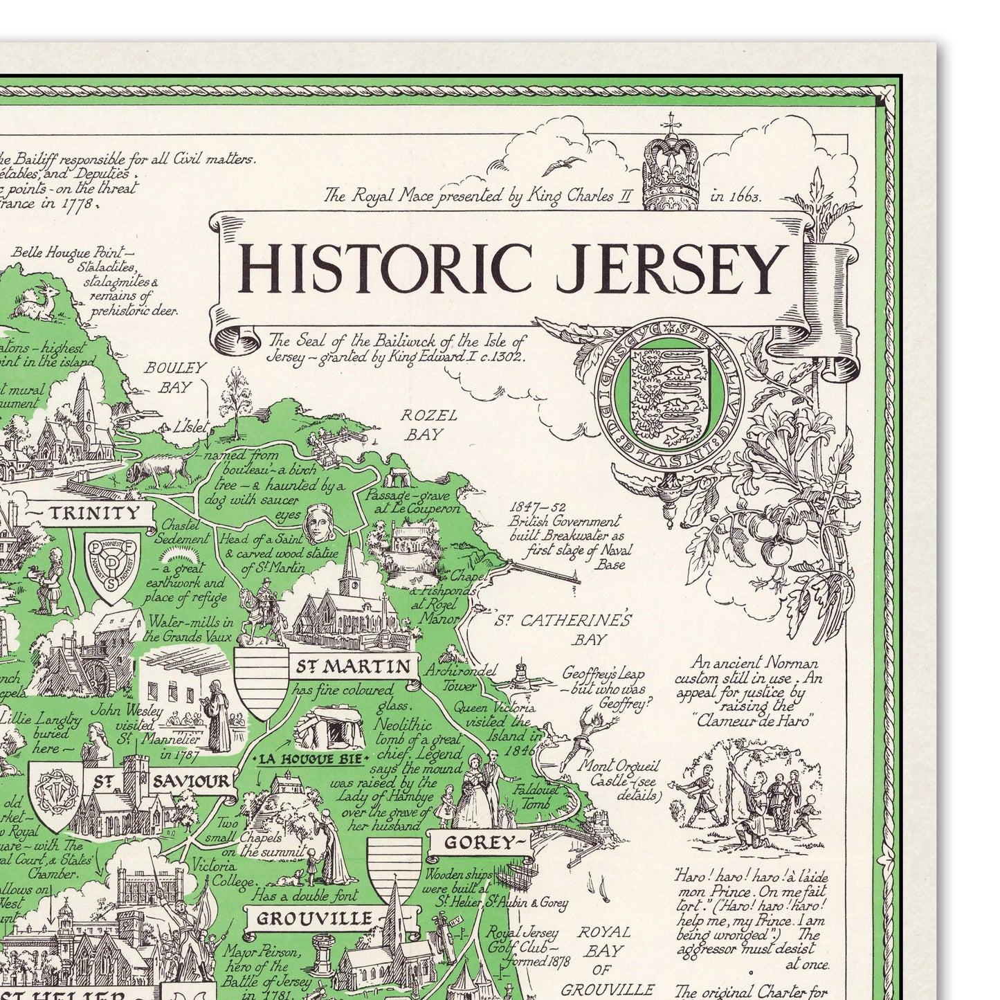 Historic Jersey | Old Vintage Antique Map | 1957 | Estra Clark | St Helier | St Clement | St Aubin | St Peter | St John | Trinity | Gorey