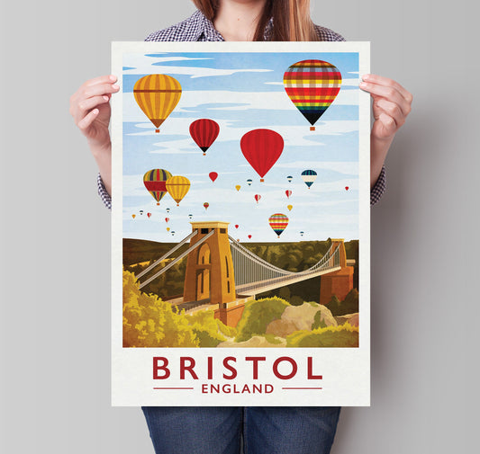 Bristol Print - Bristol Travel Poster featuring Clifton Bridge and Hot Air Balloons -  Balloon Fiesta