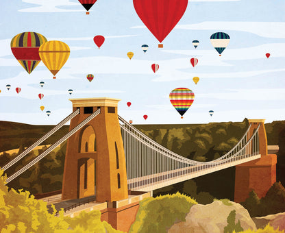 Bristol Print - Bristol Travel Poster featuring Clifton Bridge and Hot Air Balloons -  Balloon Fiesta