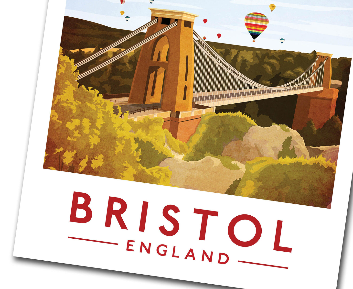 Bristol Print - Bristol Travel Poster featuring Clifton Bridge and Hot Air Balloons -  Balloon Fiesta