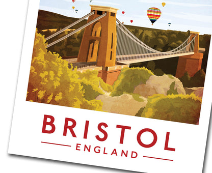 Bristol Print - Bristol Travel Poster featuring Clifton Bridge and Hot Air Balloons -  Balloon Fiesta