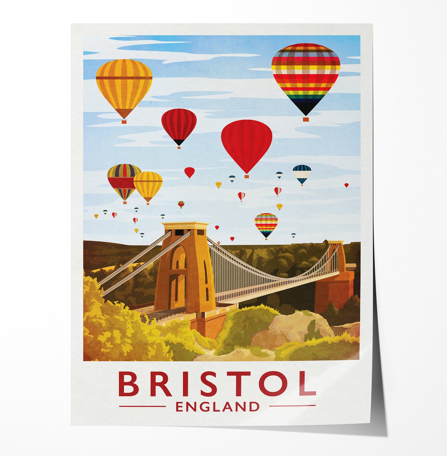 Bristol Print - Bristol Travel Poster featuring Clifton Bridge and Hot Air Balloons -  Balloon Fiesta