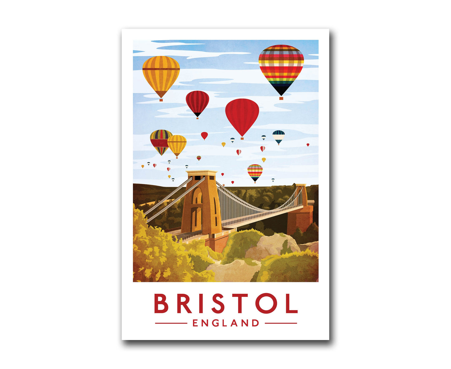 Bristol Print - Bristol Travel Poster featuring Clifton Bridge and Hot Air Balloons -  Balloon Fiesta