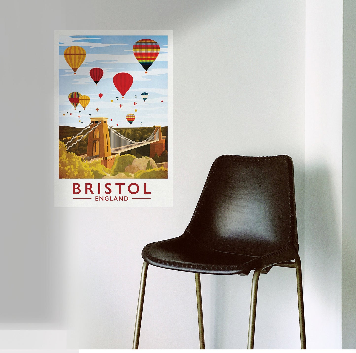 Bristol Print - Bristol Travel Poster featuring Clifton Bridge and Hot Air Balloons -  Balloon Fiesta