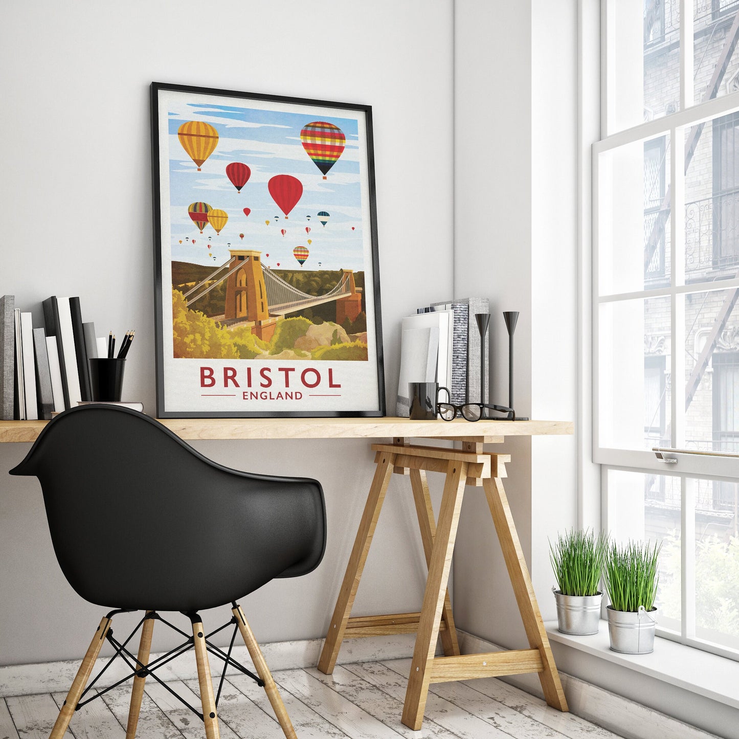 Bristol Print - Bristol Travel Poster featuring Clifton Bridge and Hot Air Balloons -  Balloon Fiesta