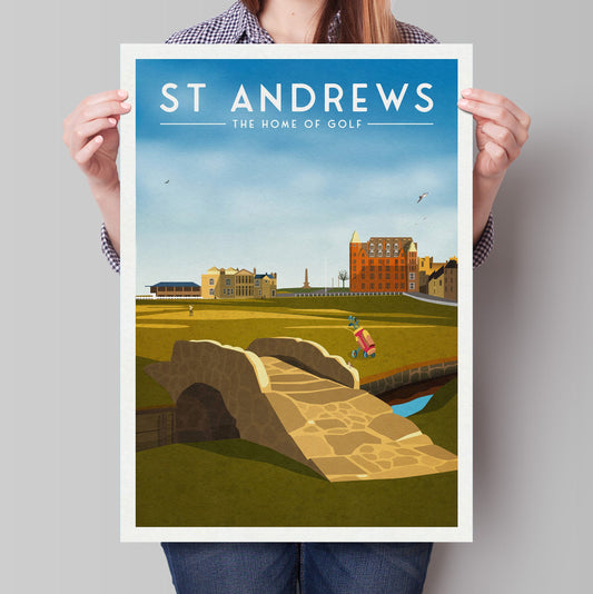 St Andrews Golf Print, 18th Hole, Swilcan  Bridge, Home of Golf, The Old Course, The Home of Golf, Grand Old Lady, Scotland Illustration Art