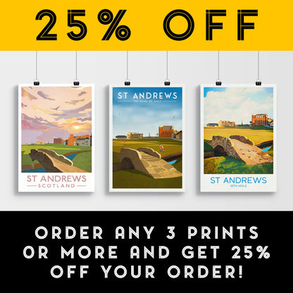 St Andrews Golf Print, 18th Hole, Swilcan  Bridge, Home of Golf, The Old Course, The Home of Golf, Grand Old Lady, Scotland Illustration Art