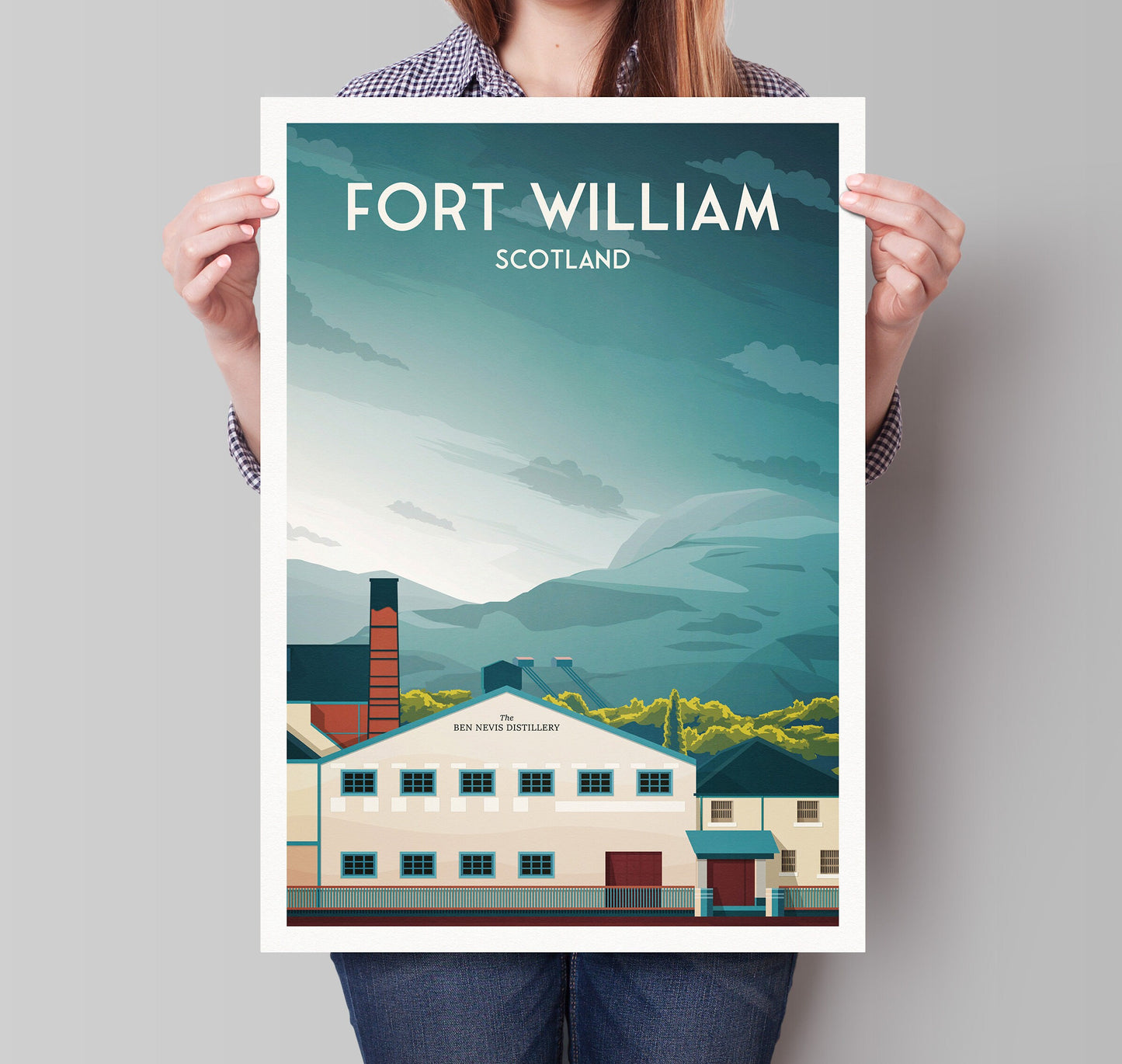 Fort William Print - Ben Nevis - Whisky Distillery  - River Lochy - Scottish Highlands - West Highland Way