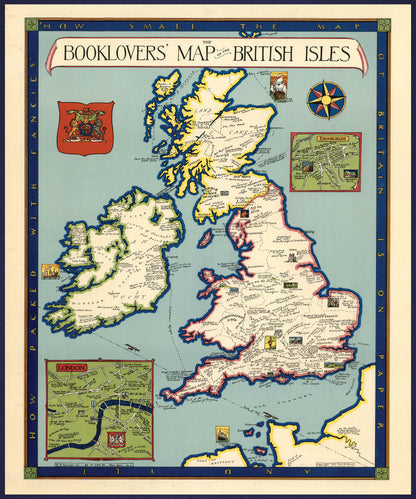 Booklovers' Map of the British Isles | Vintage Antique | 1927 | Britain Old Map Wall Print| Poster Wall Art|Wall Art