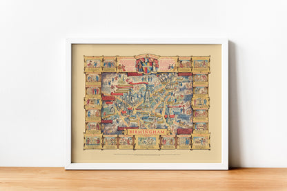 Birmingham Map | Framed Print  | Heart of Birmingham | Pictorial Illustration | Vintage Antique | 1948 | Old Map Wall Art Poster Print