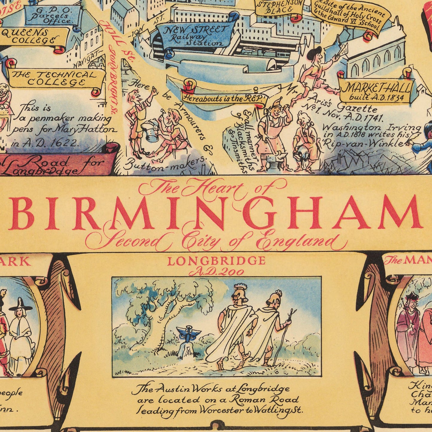 Birmingham Map | Framed Print  | Heart of Birmingham | Pictorial Illustration | Vintage Antique | 1948 | Old Map Wall Art Poster Print