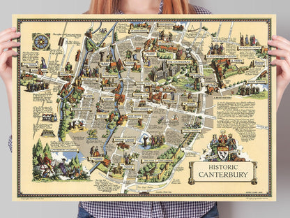 Canterbury Map |  Vintage Historic Pictorial Print | Old English Town Poster | Wall Decor | Housewarming Gift | 1952 | Clark, Estra