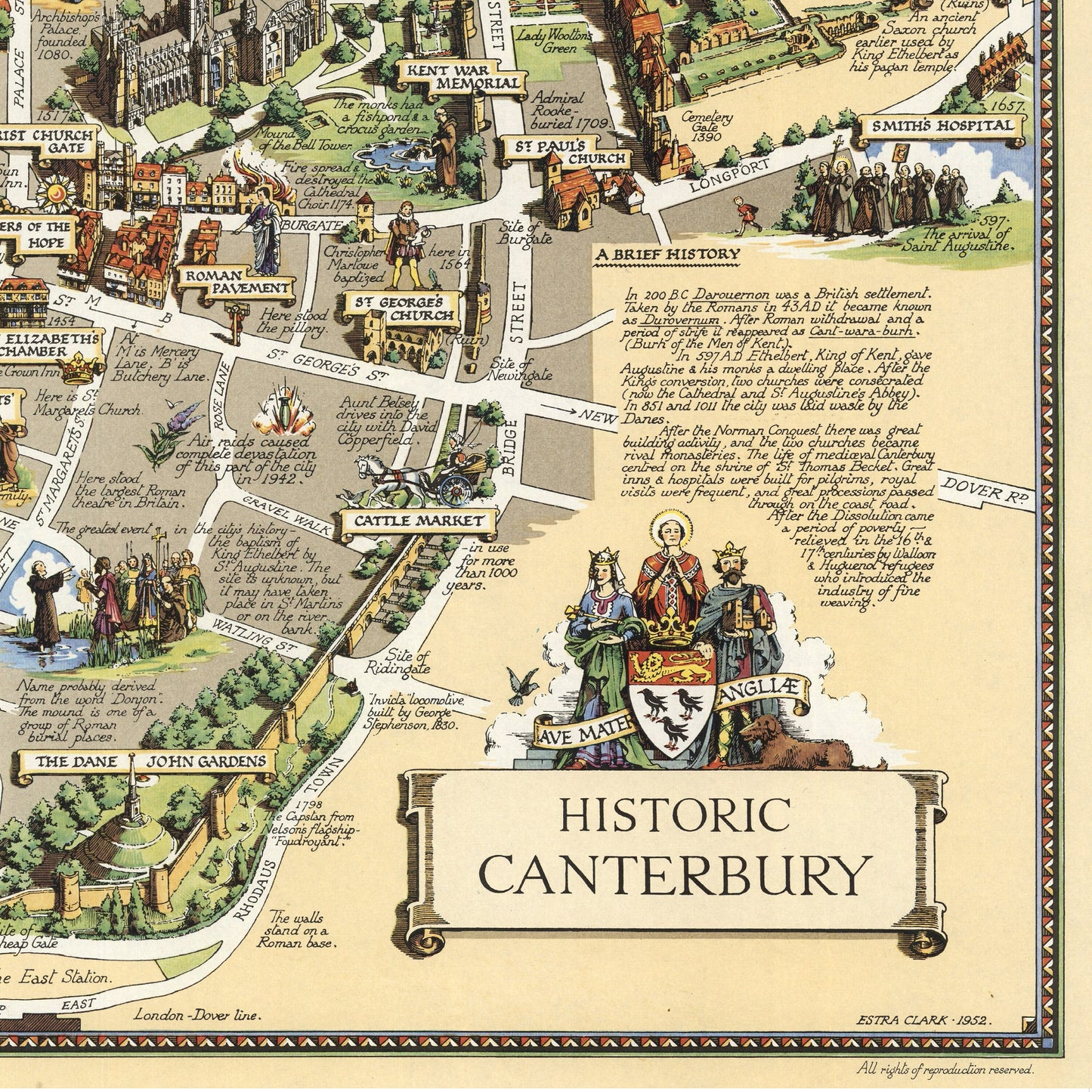 Canterbury Map |  Vintage Historic Pictorial Print | Old English Town Poster | Wall Decor | Housewarming Gift | 1952 | Clark, Estra