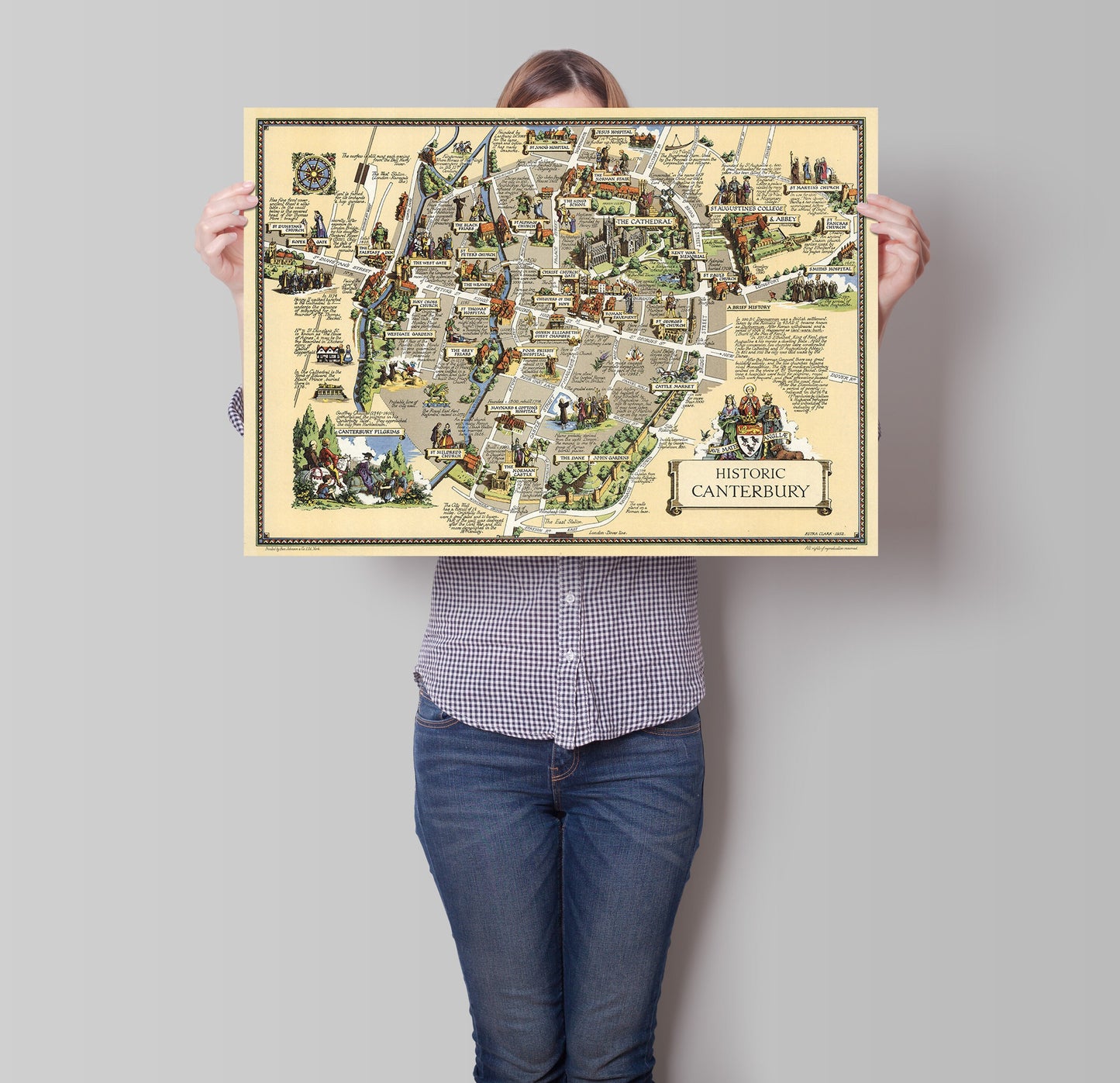 Canterbury Map |  Vintage Historic Pictorial Print | Old English Town Poster | Wall Decor | Housewarming Gift | 1952 | Clark, Estra