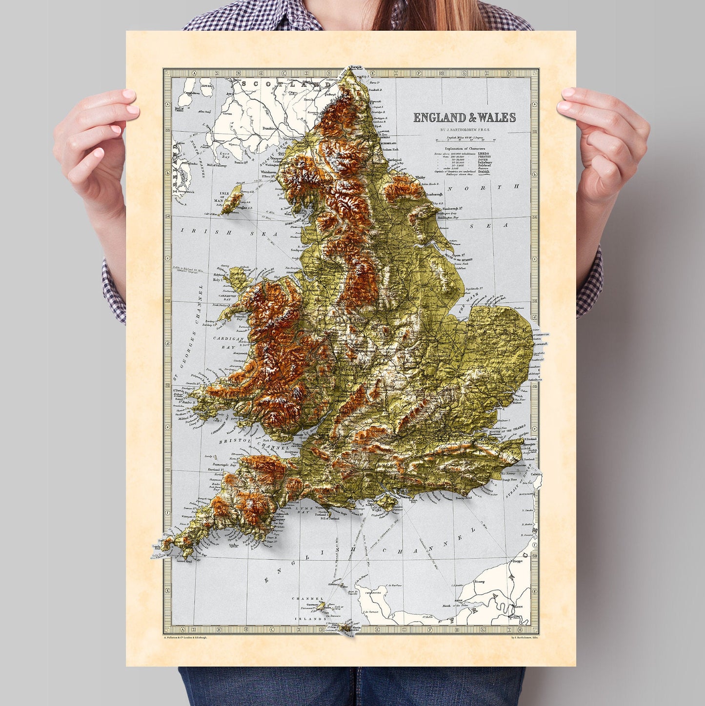 England and Wales Map -  Elevation Map - 1871 - 2D Giclée Vintage Poster - 3D effect shaded relief Print