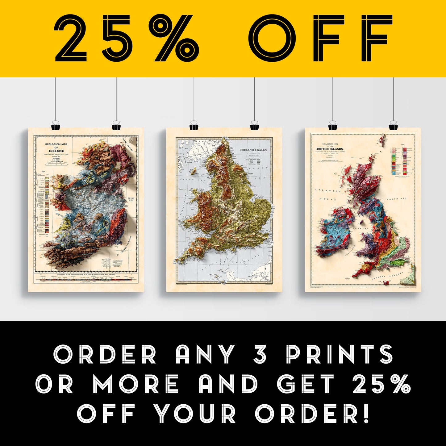 England and Wales Map -  Elevation Map - 1871 - 2D Giclée Vintage Poster - 3D effect shaded relief Print