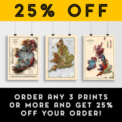 England and Wales Map -  Elevation Map - 1871 - 2D Giclée Vintage Poster - 3D effect shaded relief Print