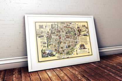 Canterbury Map |  Vintage Historic Pictorial Print | Old English Town Poster | Wall Decor | Housewarming Gift | 1952 | Clark, Estra