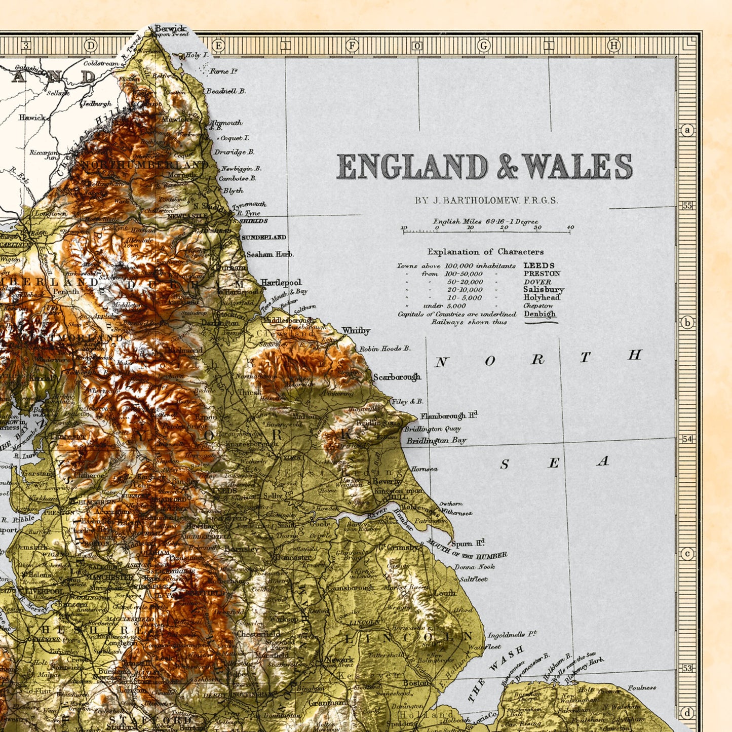 England and Wales Map -  Elevation Map - 1871 - 2D Giclée Vintage Poster - 3D effect shaded relief Print