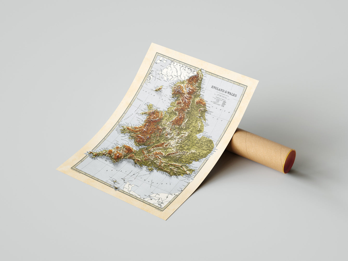 England and Wales Map -  Elevation Map - 1871 - 2D Giclée Vintage Poster - 3D effect shaded relief Print