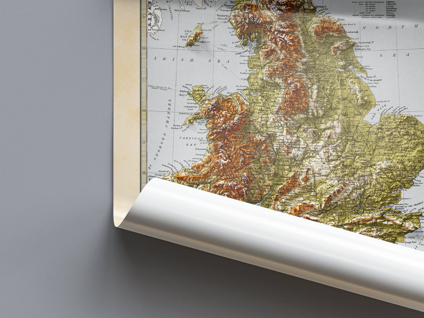 England and Wales Map -  Elevation Map - 1871 - 2D Giclée Vintage Poster - 3D effect shaded relief Print