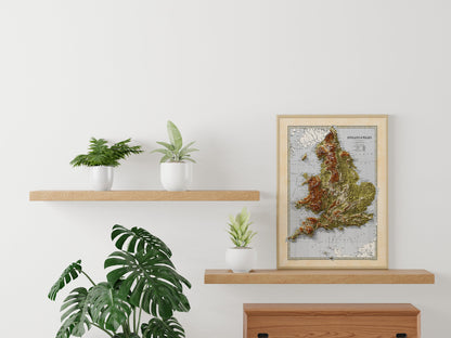 England and Wales Map -  Elevation Map - 1871 - 2D Giclée Vintage Poster - 3D effect shaded relief Print