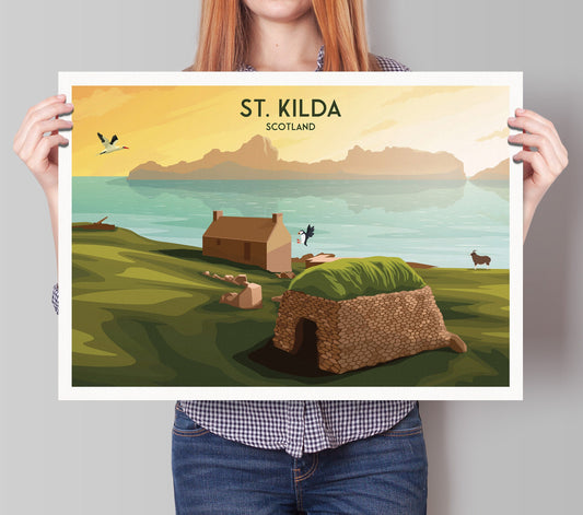 St. Kilda Print - Croft House - Gannet - Puffin - Soay Sheep -  St Kilda Archipelago - Travel Poster - St Kilda Archipelago -  Hirta - Dun