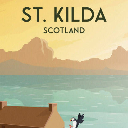 St. Kilda Print - Croft House - Gannet - Puffin - Soay Sheep -  St Kilda Archipelago - Travel Poster - St Kilda Archipelago -  Hirta - Dun