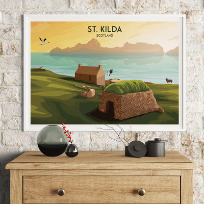 St. Kilda Print - Croft House - Gannet - Puffin - Soay Sheep -  St Kilda Archipelago - Travel Poster - St Kilda Archipelago -  Hirta - Dun