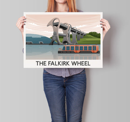 Falkirk Wheel Travel Poster, Falkirk Wheel Illustration Print - Union Canal, Narrowboat, Falkirk Wheel Gift,  Scottish Souvenir