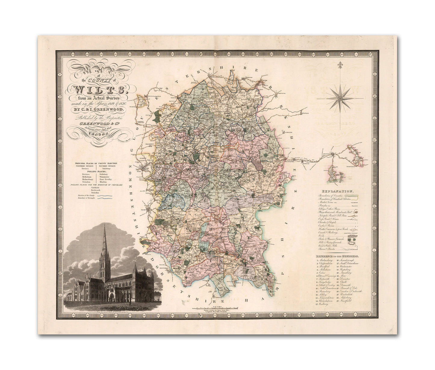 Wiltshire Map, Map of the county of Wilts : from an actual survey made in the years 1819 & 1820, English County Map of Wiltshire Print