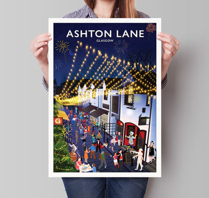 Ashton Lane Poster - Fancy Dress Party - Fireworks  Print - Festivities - Bonfire Night - Halloween - Hogmanay - Costume street Party