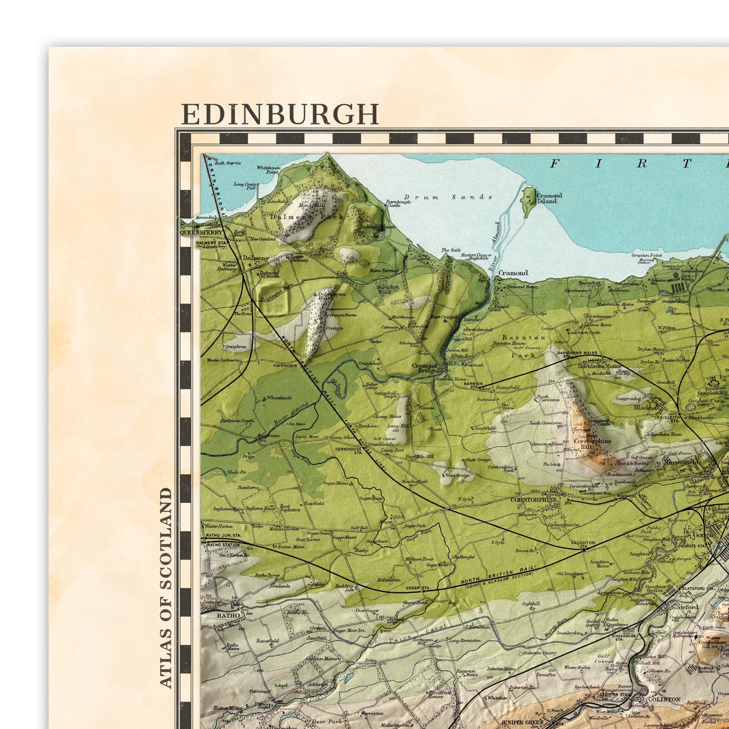 Edinburgh Map  - Topographic Shaded Relief Map - Vintage Style  - 2D Giclée Print - Vintage Geology Poster - Elevation Map - Firth of Forth