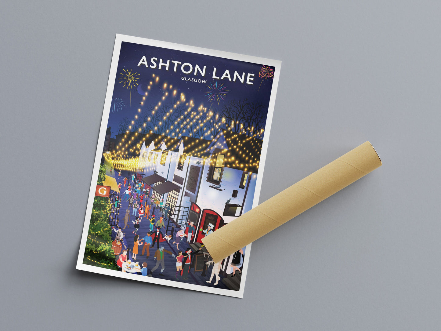 Ashton Lane Poster - Fancy Dress Party - Fireworks  Print - Festivities - Bonfire Night - Halloween - Hogmanay - Costume street Party