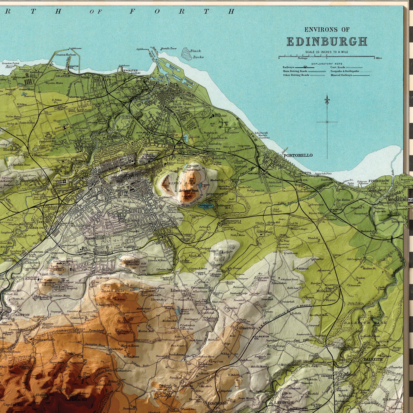 Edinburgh Map  - Topographic Shaded Relief Map - Vintage Style  - 2D Giclée Print - Vintage Geology Poster - Elevation Map - Firth of Forth