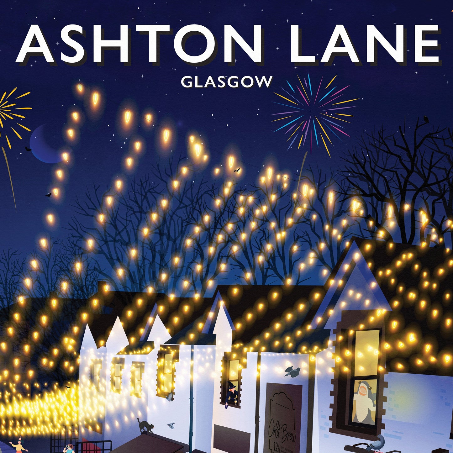 Ashton Lane Poster - Fancy Dress Party - Fireworks  Print - Festivities - Bonfire Night - Halloween - Hogmanay - Costume street Party